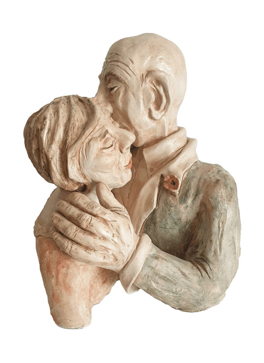 Elder Couple Hug Clay Sculpture