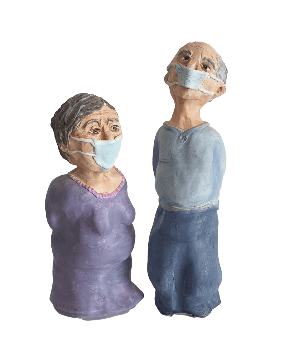 Old couple with Masks Clay Sculpture